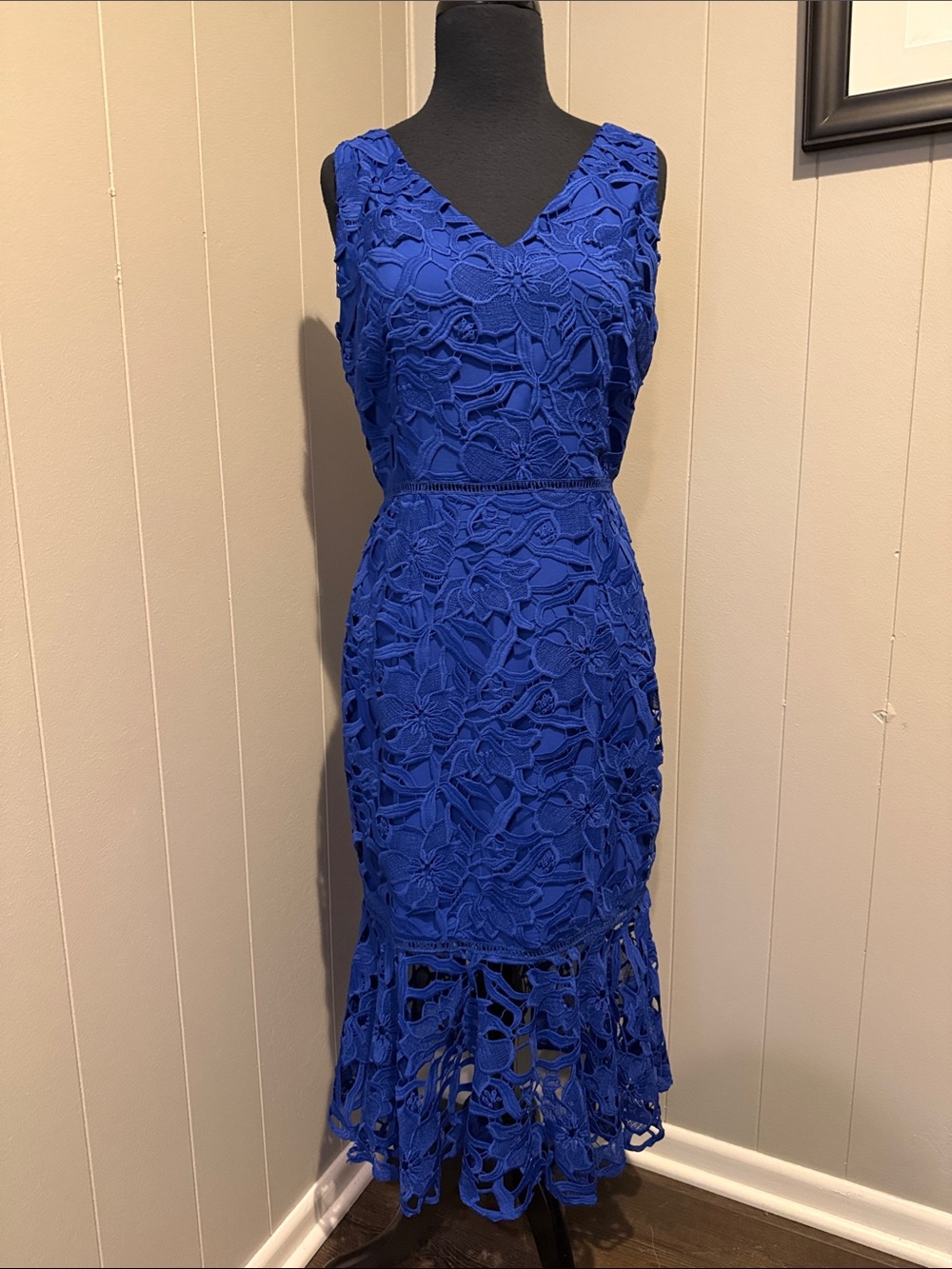 E Alexia Admor Women’s 6 Royal Blue Floral Lace V-Neck Midi Dress with Flounce